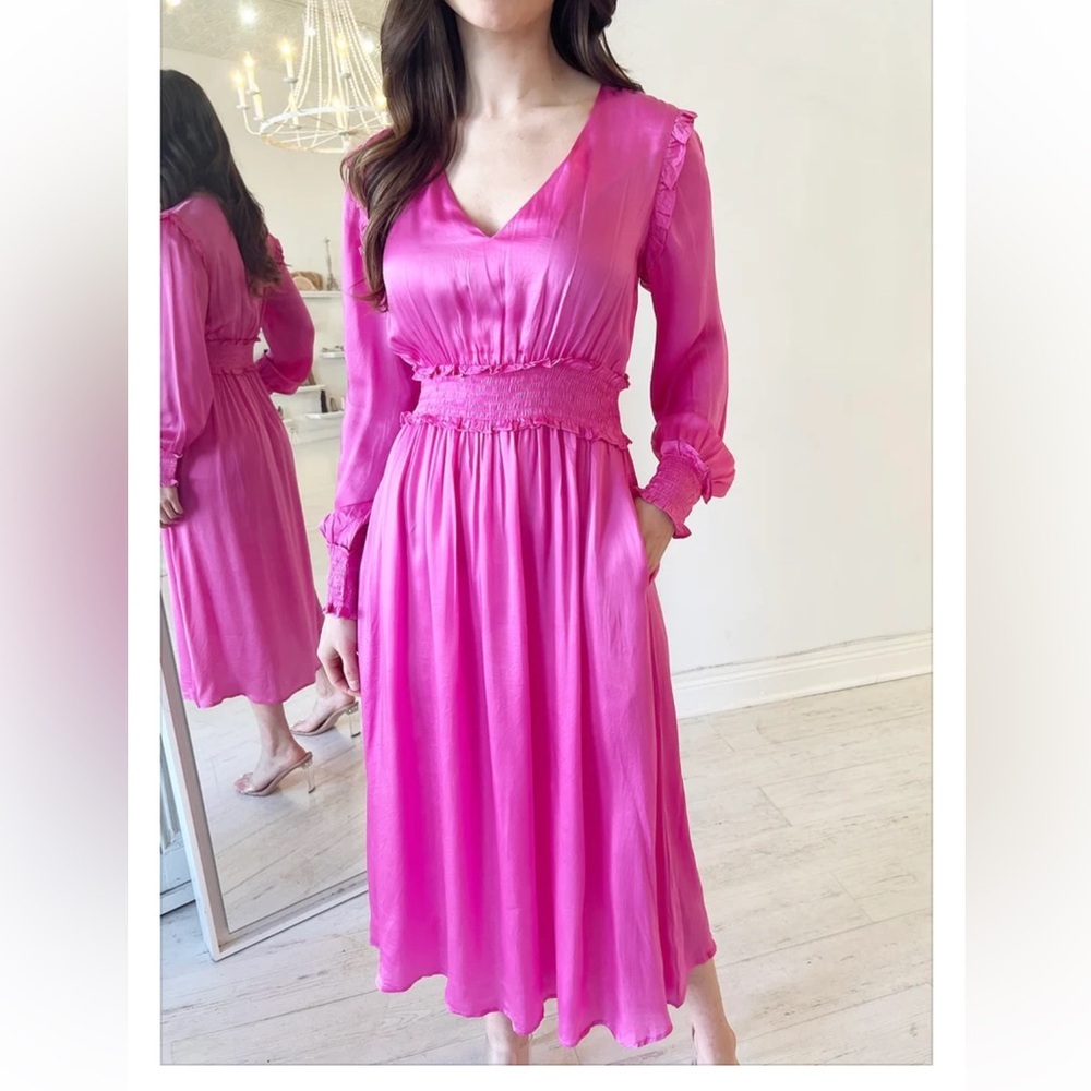 New Olivia James Hallie XS Hot Pink Rose Long Sleeve Elastic Waist Ruffle Dress